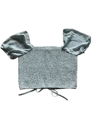Paper Crane Floral Smocked Puff Sleeve Crop Top Blue thumbnail 2