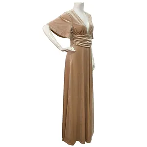 Baltic Born Women's Medium Tan V-Neck Bridesmaid Short Sleeve Velvet Maxi Dress thumbnail 4