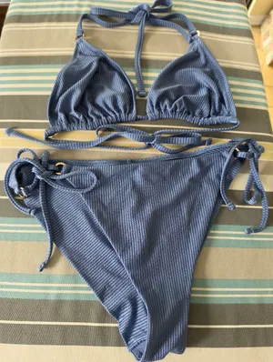 Aerie Blue Ribbed String Bikini Set XL thumbnail 1