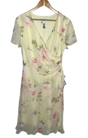 Vintage 90s Y2K JBS Ltd Butter Yellow Floral Sheer Overlay Surplice Midi Dress thumbnail 1