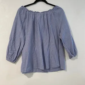 THML Medium Blue Stripe Floral Embroidered Boho Peasant Blouse thumbnail 3