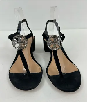 Tory Burch Black Suede Crystal Logo T-Strap Block Heel Sandals Size 9.5 thumbnail 1