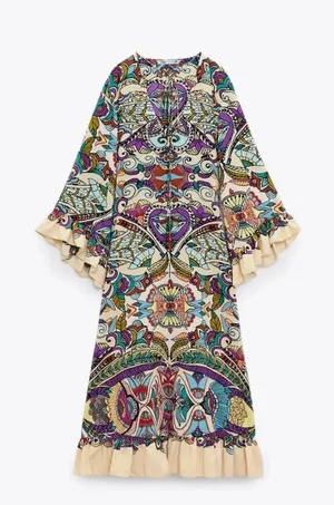 Zara Bohemian ruffled Patterned Maxi Dress casual summer vacation thumbnail 11