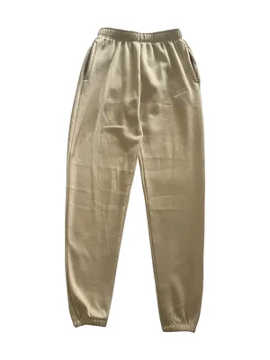 Nike-Sweatpants with Embroidered Logo-size large Soft fleece sweatpants with elastic waistband. Side pockets for storage. Embroidered Nike logo on leg. Neutral cream tone easy to match, 100% polyester, excellent condition Measurements: Waist: side to side 16-20 inches Rise: 12 inches Inseam: 30 inches thumbnail 2