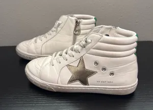 Vintage Hudson White Leather High Top Sneakers with Green Stripe and Star Accent thumbnail 1