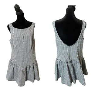 Wild Fable Seersucker Gingham Plaid Mini Dress Womens L Navy White Button Front Drop Waist thumbnail 2
