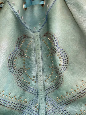 Y2K Vintage Cole Haan Teal Leather Drawstring brass studded Hobo Bag Boho fairy thumbnail 4