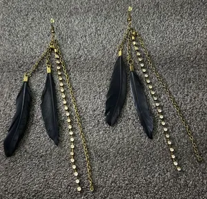 Gold Chain & Black Feather Drop Earrings with Rhinestones thumbnail 1