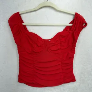 Just Polly Size S Red Corset Top Ruched Mesh Sweetheart Cap Sleeve Cropped thumbnail 3