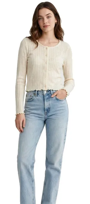 Celebrity Pink L Cream Cardigan Pointelle Ribbed Scallop Trim Long Sleeve NWT thumbnail 1
