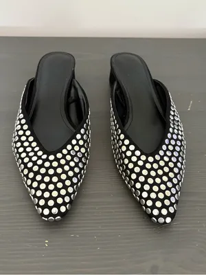 ZARA Black Studded Mules Size 37 Pointed Toe Kitten Heel Slip On Flats Chic thumbnail 3