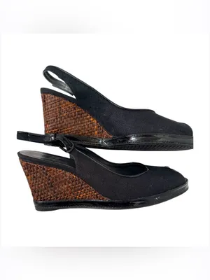 Stuart Weitzman Black linen Peep-Toe Slingback Wedges with Brown Woven Heel thumbnail 3