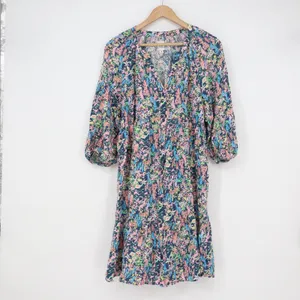Gap Maternity Floral Tiered Mini Dress Medium Pink Blue Rayon 3/4 Balloon Sleeve thumbnail 2