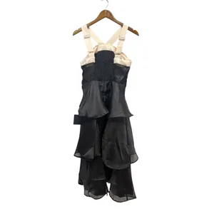 Lulus Two-Tone Halter Bow Tiered Midi Dress Black/Cream size Medium thumbnail 4