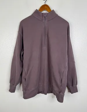 Aritzia TNA Cozy Fleece Boyfriend 1/4 Zip Sweatshirt Mauve Purple Large 116267 thumbnail 1