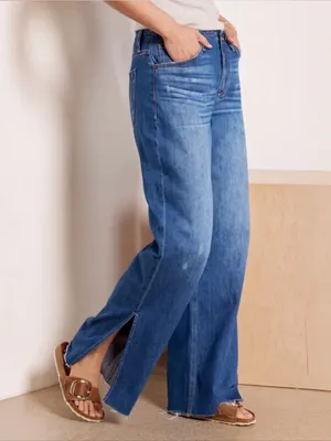 NWT EVEREVE Ever Slouchy Jeans Size 25 Dark Rinse High Rise Wide Leg Side Slit thumbnail 4