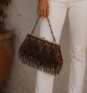 Apt. 9 | Vintage 90s-Y2K Beaded Fringe Evening Clutch Handbag - Brown thumbnail 1