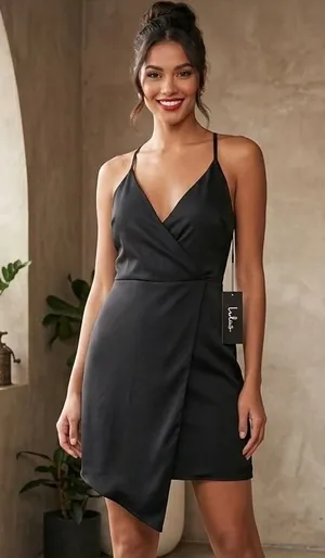 Lulus Black Wrap Mini Dress Surplice Neck Satin Finish Cocktail Party Size M NWT thumbnail 1