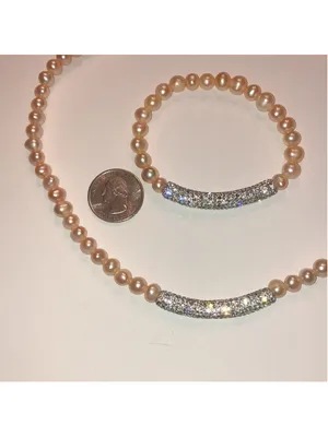 Pale Pink Genuine Pearls CZ Rhinestone Necklace Bracelet Set thumbnail 2