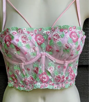 Fairycore Coquette Pink Green Floral Embroidered Corset Top Finesse Olivia M thumbnail 1
