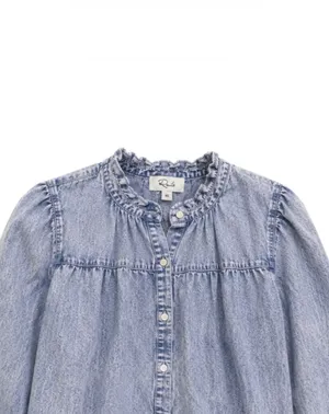 Rails Camille Blouse XS Sapphire Acid Wash Tencel Linen Ruffle Collar Top thumbnail 2