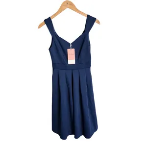 JJs House Navy Blue V-Neck A-Line Cocktail Dress with Pockets Midi Size S 415114 thumbnail 3