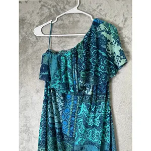 Fuzzi Italy Lace Mosaic Print One Shoulder Mesh Maxi Dress Turquoise Blue XL‎ thumbnail 2