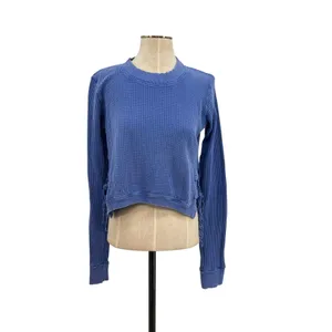Free People FP One Cropped Interlaken Top Waffle Knit Long‎ Sleeve Blue Medium thumbnail 3