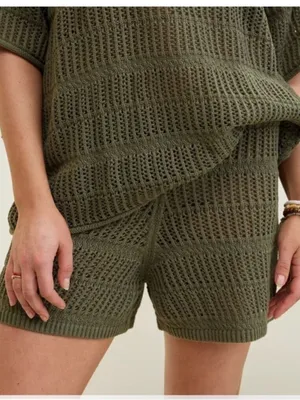 Aerie XL NEW Crochet Open Knit Shorts Olive Green Resort Vacation Tropical thumbnail 6