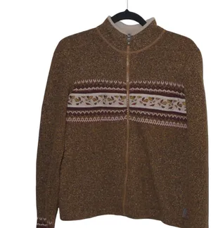 Woolrich Full Zip Cardigan with Leaf Embroidery in Fawn Heather - Size S - GUC thumbnail 1