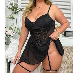 NWOT ~ Black Lace Sexy Babydoll Lace Up Nighty & Thong & Garters ~ Plus Size XXL thumbnail 3