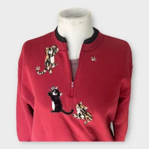Vintage 90s Cat 3/4 zip Sweatshirt Women's Large L Red Grandmacore Top Stitch thumbnail 4