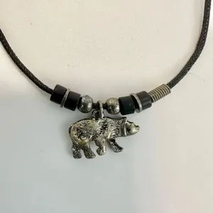 Silver tone bear pendant necklace on black cord thumbnail 5