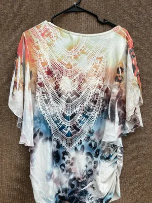 Espresso Tunic Leopard Lace Print top shirt women’s Sz L white crochet lace V-ov thumbnail 10