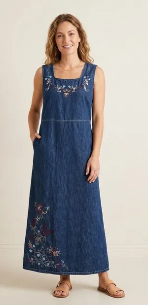 Studio Ease Denim Maxi Dress Women 14 Blue Embroidered Floral Cottagecore‎ Boho thumbnail 1