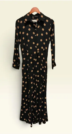 Anthropologie Black and Tan Polka Dot Midi Dress Size 4 thumbnail 1