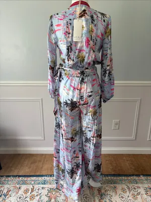 NWT TAJ by Sabrina Crippa Light Blue Tropical V-Neck Two-Piece Set Sz S Luxury thumbnail 10