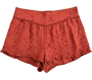 American‎ Eagle Eyelet Shorts Womens Large Rust Terracotta Boho Smocked Pom Pom thumbnail 1