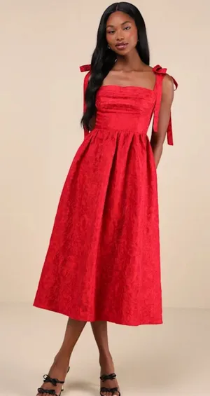 Lulus Successfully Chic Red Jacquard Pleated Tie-Strap Midi Dress thumbnail 1