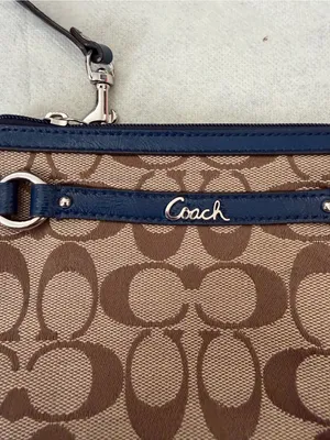 Coach Brown Signature Canvas Wristlet with Navy Trim thumbnail 2