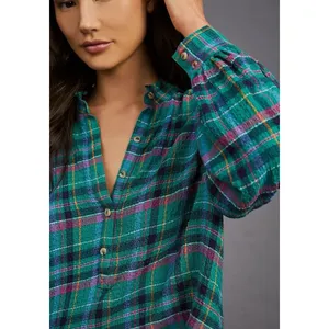 Anthropologie Pilcro Cropped Puff-Sleeve Soft Crinkle Green Plaid‎ Blouse Small thumbnail 2