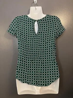 H&M Shirt Womens Small Green White Geometric Print Short Sleeve Keyhole Blouse thumbnail 5