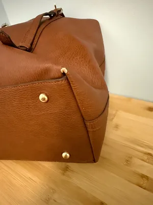 Sondra Roberts Squared Cognac Brown Tote with Gold Buckles Computer Bag or Purse thumbnail 6