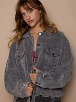 POL Gray Frayed Hem Corduroy Trucker Jacket Size Small EUC thumbnail 1