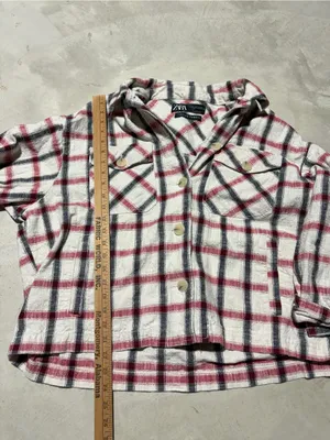 ZARA Plaid Button-Up Shirt Jacket - Cream, Red & Black Italian fabric XL thumbnail 6