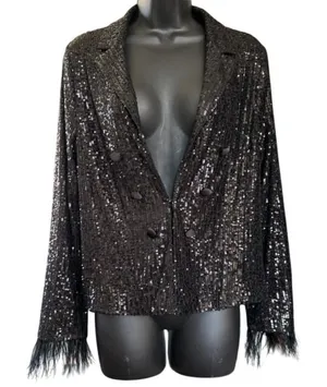 Nanette Lepore‎ Sequin Jacket Sz M Black Ostrich Feather Trim NYE Holiday Party thumbnail 1