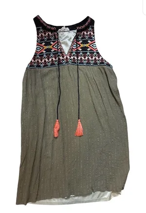 THML Olive Midi Dress with Embroidered Yoke and Coral Tassels thumbnail 1