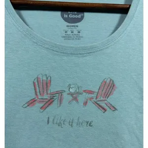 Life Is‎ Good Womens M Blue T-Shirt "I Like It Here" Graphic Adirondack Chair thumbnail 2