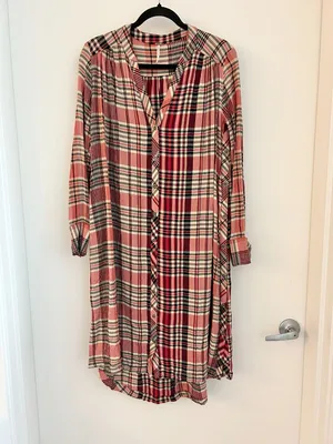 Free People Loralei Plaid Shirt Dress Tunic Red Pink Western Festive Size XS thumbnail 4