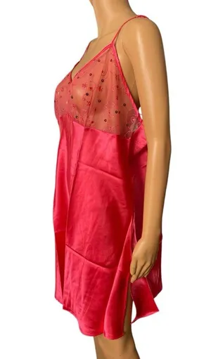 Pink Plus Size Sheer Mesh Sequin Embroidered Cutesy Floral Satin Mini Slip Dress thumbnail 3